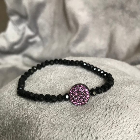 Jewelry - Black Stone Stretchy Bracelet Pink Gem Charm